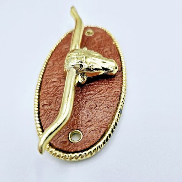 Belt Hanger Vintage Texas Longhorn Steer Brown Leather Gold Tone Holds 12 Belts - Picture 9 of 10
